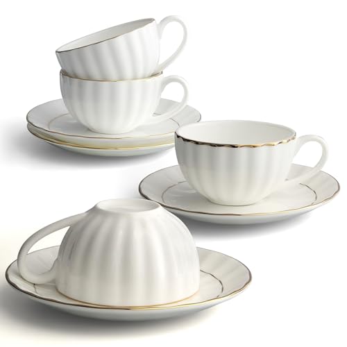 IQCWOOD Tea Cup and Saucers Set of 4(6.09oz), Bone China Tea Cups with Gold Trim, White Teacup for Tea, Milk, Latte, Mocha, Espresso, Microwave & Dishwasher Safe, for Party Cafe Home