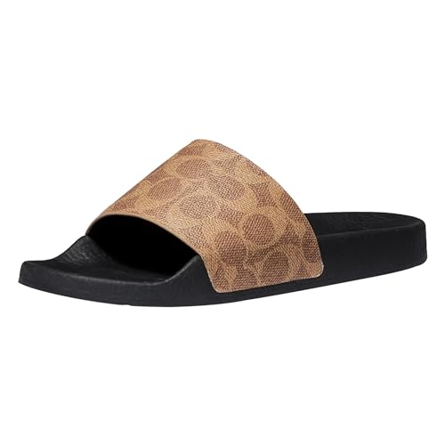 Coach Women's Udele Coated Canvas Slide Slipper, Tan, 7