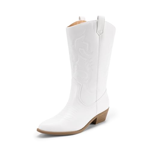 DREAM PAIRS Women's Cowboy Boots Pull On Cowgirl Boots Mid Calf Western Boots, Available in Regular and Wide Calf,Size 9,White,DWUWMB2501