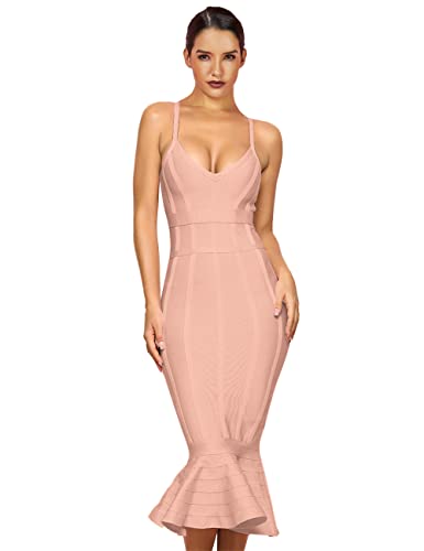 Maketina Women's Mermaid Spaghetti Strap V Neck Bodycon Midi Cocktail Bandage Dress Nude Pink L