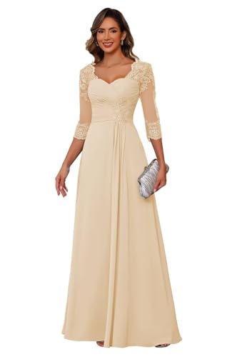 Miao Duo Women's Long Lace Applique Formal Evening Gown 3/4 Sleeves Dress Maxi Wedding Celebrity Mother of Bride Dress for Women Champagne 16W