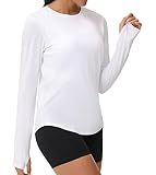 THE GYM PEOPLE Women's Long Sleeve Workout Shirts Athletic Crewneck Hiking Tops with Thumb Hole White