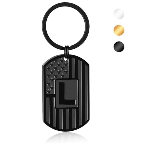 Miss Chipmunk Initial Keychain Gifts for Men,A-Z Letter American Flag Dog Tag Stainless Steel Keychain,Mens Accessories Gift (Black, Letter L)