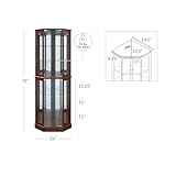 BELLEZE Lighted Corner Display Curio Cabinet,72" Tall Wooden Curved Shelving Unit with Tempered Glass Door, Bar and Liquor Storage Area with 6 Shelves - Ashfield (Walnut)