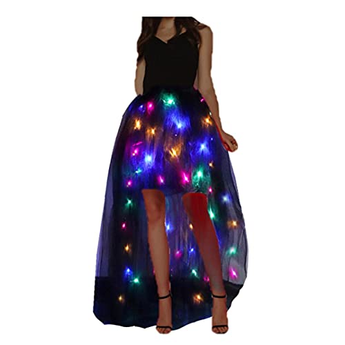 Women Tulle Tutu Skirts Adult High Low Tulle Skirts Skirt LED Light Up Wedding Skirt Costumes Halloween (Black Trailing, Long XXL)