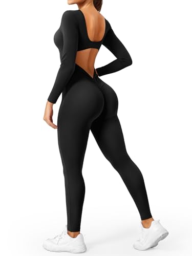 YEOREO Long Sleeve Jumpsuit for Women Workout V Back Bodysuit Lizvette Scrunch Butt Leggings One Piece Romper U Neck Full Length Yoga Bodycon Black Medium