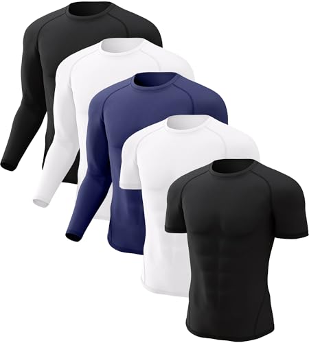 CL convallaria 5 Pack Compression Shirt Men Rash Guard Workout Cool Dry Long Short Sleeve Undershirts for Gym Athletic Running, 2 Black 2 White 1 Navy Blue S