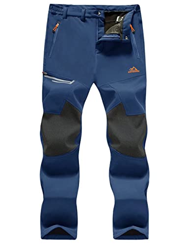 MAGCOMSEN Men's Ski Pants - Winter Snow Waterproof Softshell Work Pants With Belted Climbing Design and Zip Pockets for Snowboarding - Denim Blue