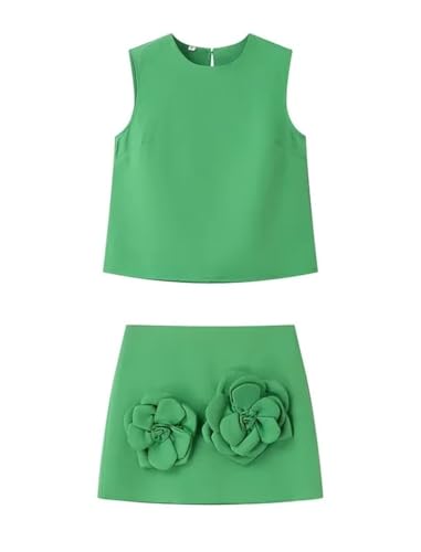 THLAI Summer Women 2 Piece Skirt Sets Sleeveless Crop Tank Top and Mini Skirt Matching with 3D Flower Sexy Short Sets
