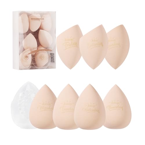 Real Perfection Makeup Sponge Set Blender Sponges, Latex-Free Beauty Makeup Sponges 7 pcs with 1 Travel Container Case for Blending Foundation Liquid Cream and Powder (Beige)