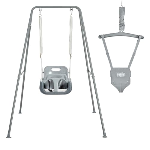 FUNLIO 2 in 1 Swing Set for Toddler & Baby Jumper, Heavy Duty Kids Swing & Bouncer with 4 Sandbags, Foldable Metal Stand for Indoor/Outdoor Play, Easy to Assemble and Store - Grey