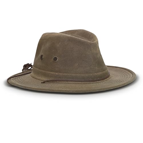 Stormy Kromer The Backwoods Cruiser Cap, Water-Resistant, 100% Waxed Cotton Canvas, 4 Mesh Vented Grommets & Leather Chin Strap for Outdoor Adventures, Dark Oak, Small
