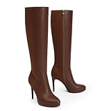 Modatope Brown Knee High Platform Boots for Women Round Toe Tall Boots Stiletto Heel Long Boots Zipper Platform Brown Boots Size 8.5