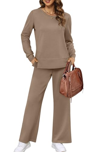 XIEERDUO Two Piece Lounge Sets for Women Plus Size Travel Outfits Long Sleeve Tracksuit Wide Leg Loungewear Warm Cozy Winter Sweatsuit Coffe 3XL