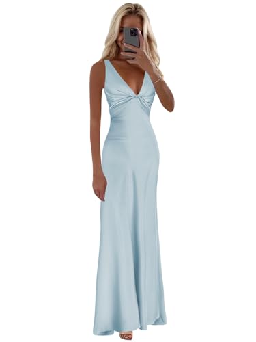 Vnaix Bridals Satin Prom Dresses Light Blue Corset V Neck Long Halter Formal Bridesmaid Dress Size 2