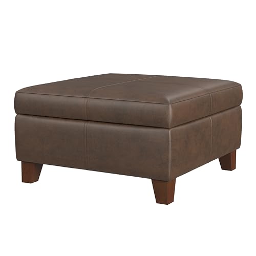 HomePop Home Decor |K2380-E910 | Luxury Large Faux Leather Square Storage Ottoman | Ottoman with Storage for Living Room & Bedroom, Brown Faux Leather