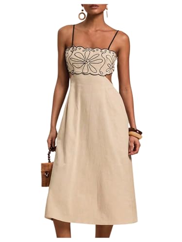 SOLY HUX Women's Midi Dress Embroidery Spaghetti Strap Cut Out A Line Flared Summer Cami Dresses Apricot Embroidery Medium