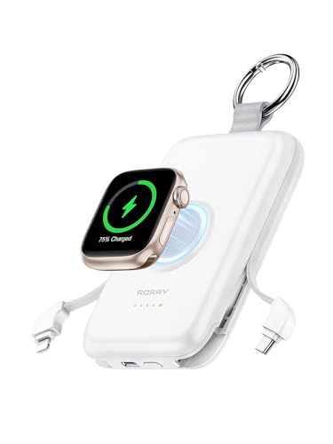 RORRY Portable Charger, 10000mAh PD 20W Fast Charging Portable Charger Power Bank with Built in Cables, Travel Battery Pack for iPhone 16/15/14/13/12/11 and Apple Watch Ultra/10/9/8/7/6/5/4/3, White