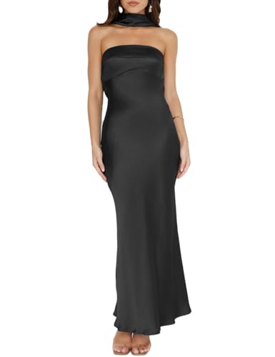 Women's Summer Satin Strapless Tube Top Maxi Dress Elegant Silk Backless Halter Neck Formal Party Dresses Wedding Guest Black