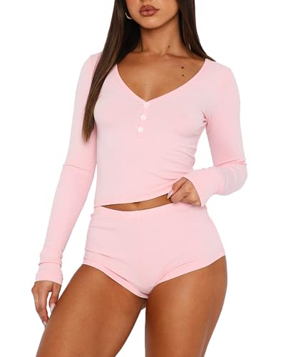 REVETRO 2024 Fall Womens Pajama Sets Sexy Y2k PJ Shorts 2 Piece Long Sleeve Lounge Set Sleepwear with Button Down Pink S