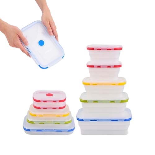 ECOBERI Collapsible Silicone Food Storage Containers, BPA Free, Microwave, Freezer and Dishwasher Safe, Lunch, Meal Prep, Travel, Space-Saving, Set of 5