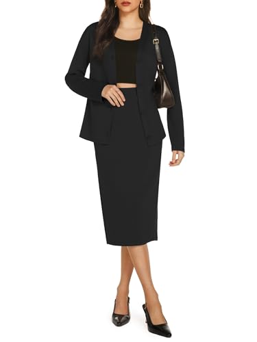Casly Lamiit Womens Two Piece Skirt Sets for Women Fall Casual Outfits Midi Knee Length Skirts Dressy Cardigan Business Lounge Suit Set Black M