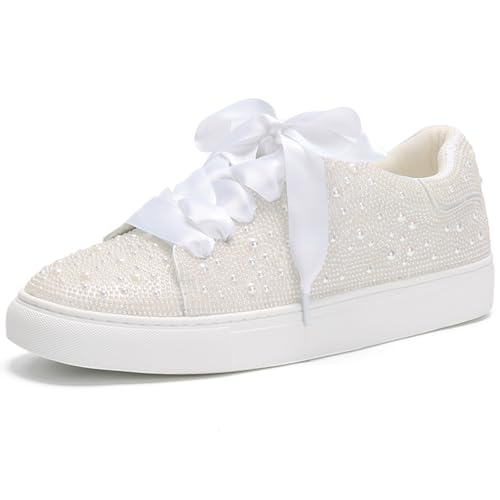 Suokdil Pearl Sneakers for Women Bling Sneakers Rhinestone Sneakers White Shoe Glitter Fashion Bedazzled Platform Tennis Shoes Bride Sequin Wedding and Party Trendy Shoe Size 12