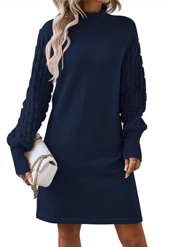 HUUSA Women Fall Sweater Dresses Elegant Baggy Sleeve Mockneck Evening Outfits Casual Winter Mini Dress Warm Trendy Navy L