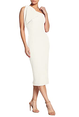 Dress the Population Women's Tiffany Asymmetrical Bow Neckline Bodycon MIDI Dress, Off White, XX-Small