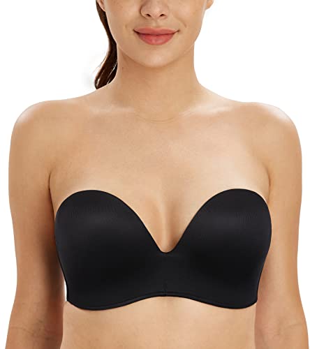 Lemorosy Women's Plus Size Anti-Slip Invisible Seamless Wireless Strapless Bra -Push up Lift Support(30C, Pure Black)