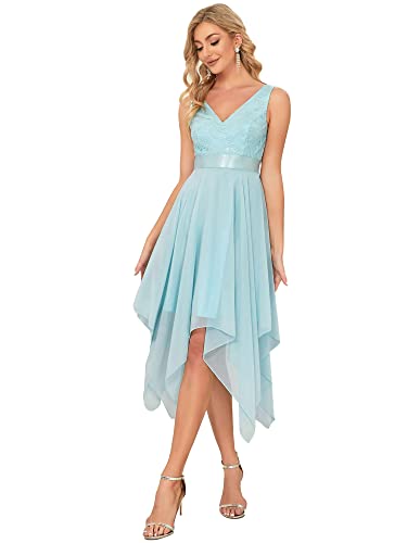 Ever-Pretty Women's Sexy V Neck Empire Waist Sleeveless Lace Chiffon Hi-Lo Cocktail Dress Sky Blue US06