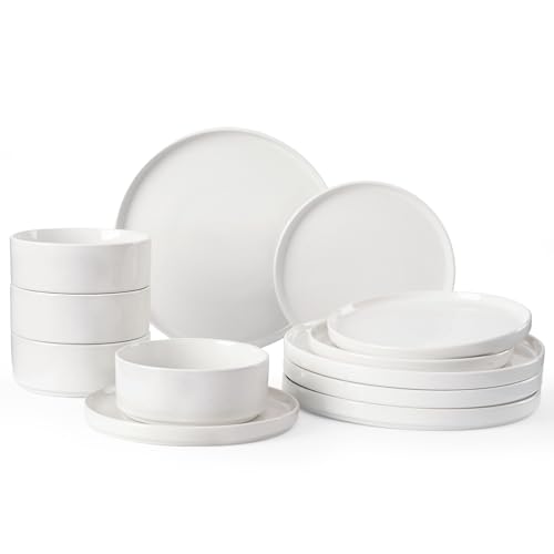 Famiware Nebula Plates and Bowls Set, 12 Pieces Dinnerware Sets, Dishes Set for 4, White