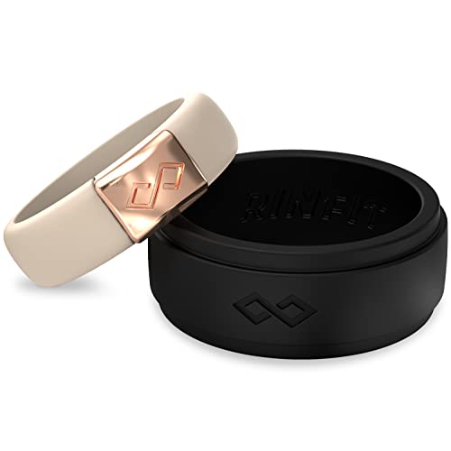 Rinfit Matching Silicone Rings for Couples - Silicone Wedding Bands Sets for Him and Her - MetalInfinity & Infinity Patented Design - Nude & Black - Women 7 & Men 9