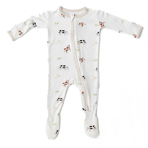 Cow Footie for Baby - 95% Viscose from Bamboo, 5% Spandex - Soft Newborn Sleepwear, Baby Pajamas, Unisex Baby Clothes, Zipper Romper, Long Sleeve Footed Onesie - Cow - Imported