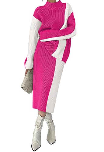Pink Queen Women's Two Piece Outfits 2024 Fall Winter Sweater Skirt Set Mock Neck Long Sleeve Oversized Top High Waist Color Block Dress Set Hot Pink M