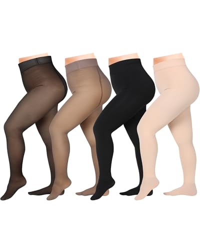 Foaincore 4 Pairs Plus Size Fleece Lined Tights Women Thermal Translucent Leggings Winter Sheer Tights for Women(200g,Pantyhose,Black, Brown, Nude)