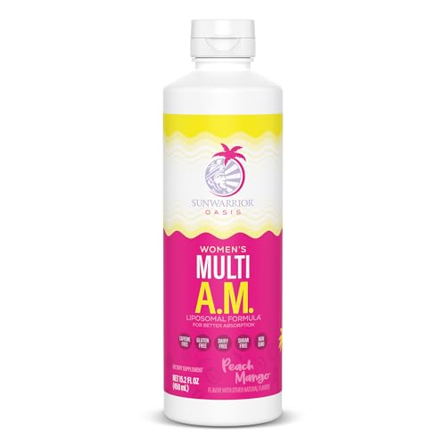 Sunwarrior Multivitamin for Women Liquid Multi Vitamin with B Vitamins D3 Lion’s Mane Ginseng Curcumin Liquid Multi AM for Her Peach Mango (30 Servings)
