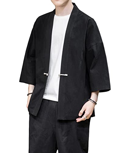 PRIJOUHE Men's Kimono Jackets Cardigan Casual Cotton Blends Linen Seven Sleeve Open Front Embroidery Coat