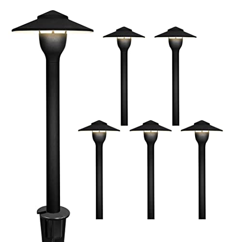 GKOLED 6-Pack Aluminum Pathway Lights, Low Voltage LED Landscape Path Light, 9-15V AC/DC Outdoor Walkway Lighting with 3W 3000K Integrated LED Chips for Yard Lawn, Ground Stake, Black