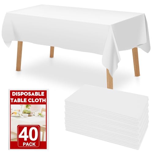 RowinsyDD 40 Pack White Plastic Table Cloths Disposable，54 x 108 Inches Plastic Table Cover for Rectangle Tables，Disposable Tablecloth for Dinning，Parties，BBQ，Wedding，Outdoor