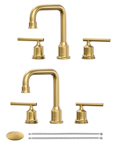 Brushed Gold Bathroom Faucet Set: WOWOW Widespread Bathroom Sink Faucet 3 Hole with Pop-up Drain and Supply Lines, 8 Inch Vanity Faucet 3 Pieces Basin Tap 2 Handle Modern (Set of 2)