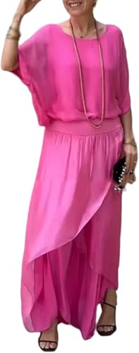 Loose Top & Slit Wide-Leg Pants Chiffon 2-Piece Set,Mother of Bride Pant Suits 2 Piece Chiffon Sets,Wedding Guest (Dark Pink,3X-Large)