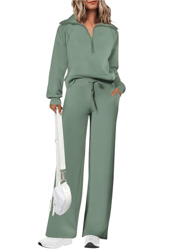 PRETTYGARDEN Women's 2 Piece Outfits Casual Lapel Half Zip Sweatshirts And Wide Leg Pants Tracksuit Sets (Grey Green,Medium)