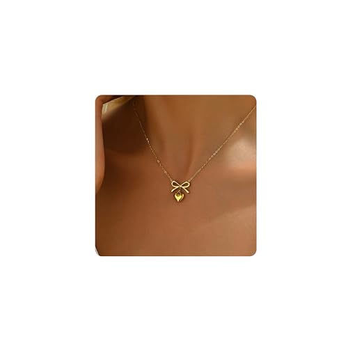 JotCa Gold Necklace for Women, 18K Gold Plated Dainty Tiny Bow Pendant Necklace Trendy Bowknot Ribbon Necklaces Gold Bridal Jewelry