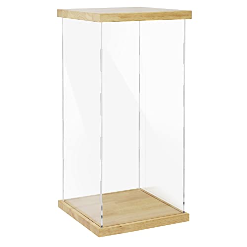 Clear Acrylic Display Case with Solid Butcherblock Base and Top for Trophy, Collectibles, Assemble Cube Display Box Stand Dust Proof Protection Showcase for Action Figures Toys - by BenchPro