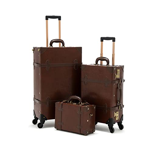 COTRUNKAGE Vintage Luggage Set 3 Piece, Old Fashion Style Carry On Suitcase with Wheels for Women and Men, Caramel Brown