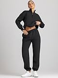 AUTOMET Women's Sweatsuits 2 Piece Outfits Long Sleeve Half Zip Pullover and Baggy Sweatpants with Pockets Black M