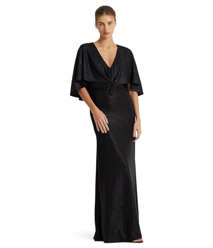 Lauren Ralph Lauren Metallic Knit Twist-Front Cape Gown Black 10