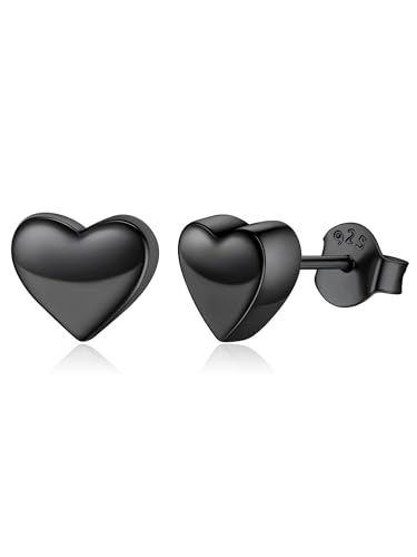 ChicSilver Black Heart Earrings 7MM Sterling Silver Heart Earrings for Women Tiny Ear Studs Christmas Earrings Hypoallergenic Earrings