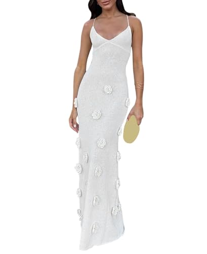 Faretumiya Women Crochet Maxi Dress Spaghetti Strap Knit 3D Flower Bodycon Long Dress Backless See Through Beach Cover Up Dress(898 White,Small)